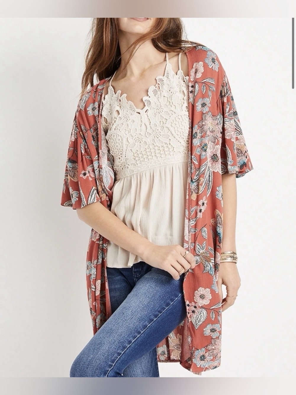 Maurices Rust Orange Floral Print Flutter Sleeve Kimono, Size Medium